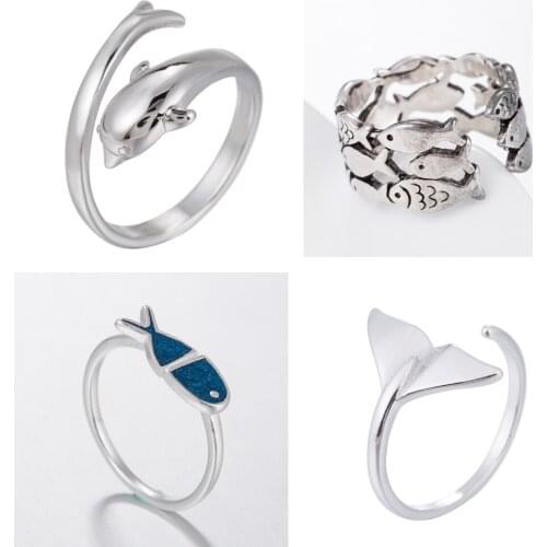 Sasusp Female Mermaid Tail Adjustable Finger Rings for Women Wedding Engagement Jewelry Sea Animal Whale Fish Tail Bague Femme