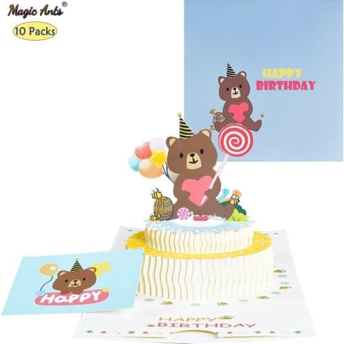 10 Pack 3D Pop-Up Cards Birthday Kids Cartoon Birthday Bear Greeting Card Postcard wholesale with Envelope Stickers