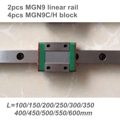 2pcs 9mm Linear Guide MGN9 100 150 200 250 300 350 400 450 500 550 600 mm linear rail + 4pcs MGN9H or MGN9C block 3d printer CNC
