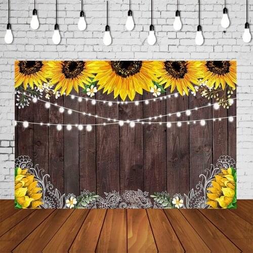 Wood Banner Birthday Bridal Baby Shower Wedding Party Backdrop Wood Floor Lights Lace Sunflowers Frame Photo Studio Backgrounds