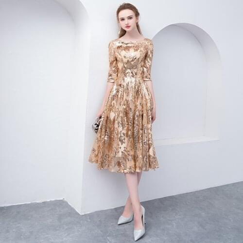 Cheap Gold Sequins Prom Dresses Half Sleeve Evening Party Gown O Neck Rode De Soiree