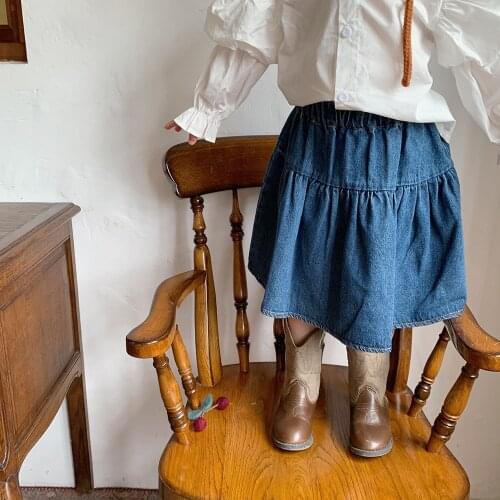 Girls' Denim Skirt Autumn 2021 New Childrens Pure Color Cute Casual Korean Pleated Skirt Cute Skirt