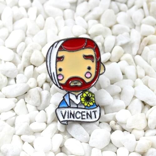 Artist Van Gogh VINCENT Sunflower on the chest Cartoon self portrait Enamel brooch Personality creative badge