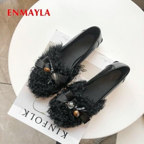 ENMAYLA 2019 Patent Leather Casual Slip-On Square Heel Luxury Fur Winter Women Pumps Women Heels Classics Women Shoes 34-42