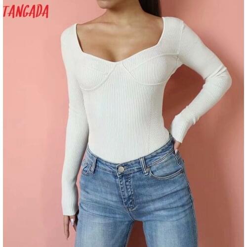 Tangada 2021 Women Solid Geometry Knit Playsuits Big Strethy Square Collar Long Sleeve Rompers Ladies Chic Jumpsuits LK18