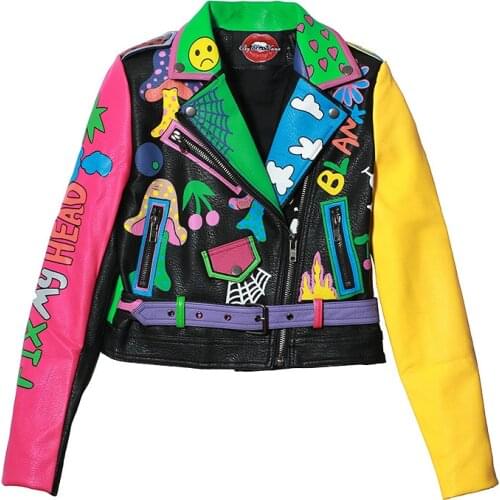 Fashion rivet beading pu leather jacket female hit color streetstyle Graffiti outerwear letters printed leather jackets Y274