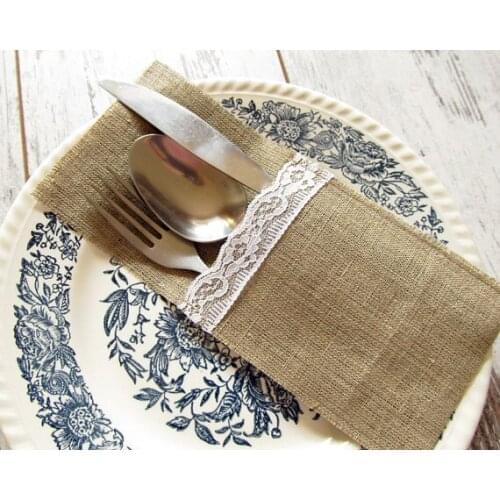 Fashion lace line Rustic wedding silverware burlap cutlery holders pocket Anniversary Christmas banquet party table decorations