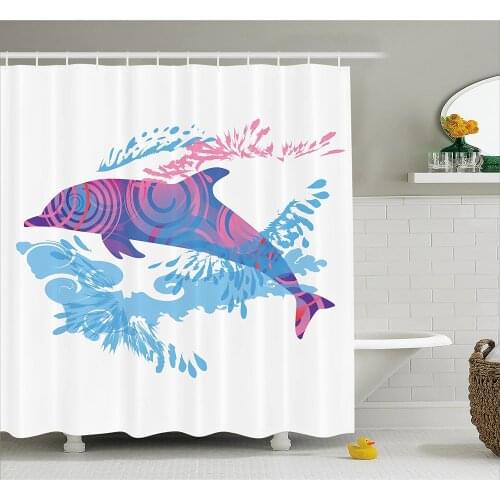 Sea Animals Decor Shower Curtain Dolphin Figure with Colorful Patterns Underwater Life Illustration Bath Curtain For Bathroom