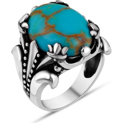 Men Silver Ring With Oval Blue Turquoise Stone With Roman Crown Motif Made In Turkey Solid 925 Sterling Silver