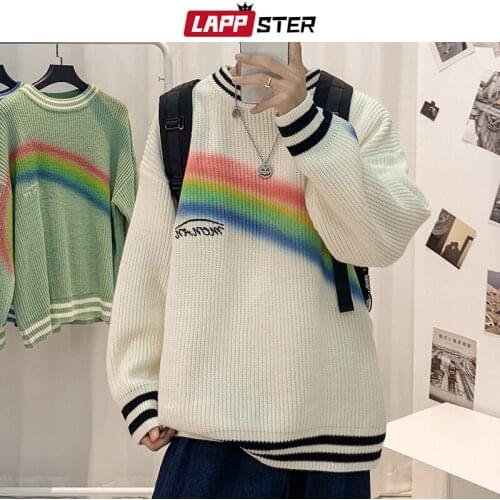 LAPPSTER Men Rainbow Oversized Black Cardigan 2021 Mens Vintage Korean Fashion Knitted Sweater Man Kawaii Varsity Wool Cardigan