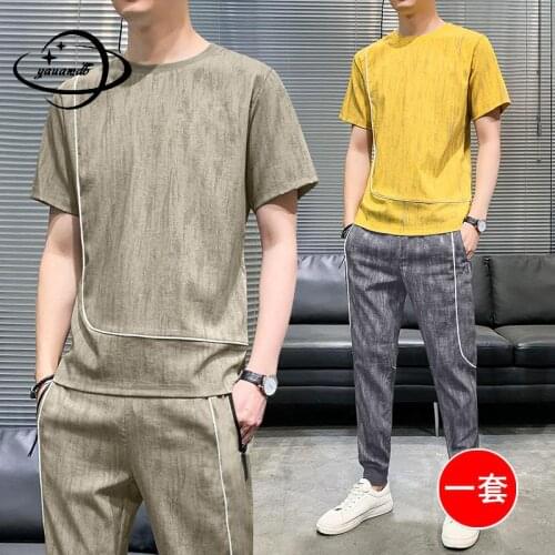 M-4xl Mens Set Summer Male O-Neck Short Sleeve T-Shirt+Pants 2pcs Suits Elastic Waist Solid Color Breathable Clothes Hy84