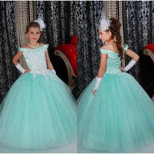 Mint Green Flower Girl Dresses Beaded applique Sleeveless Birthday Girls Fluffy Gowns First Communion Party Dresses