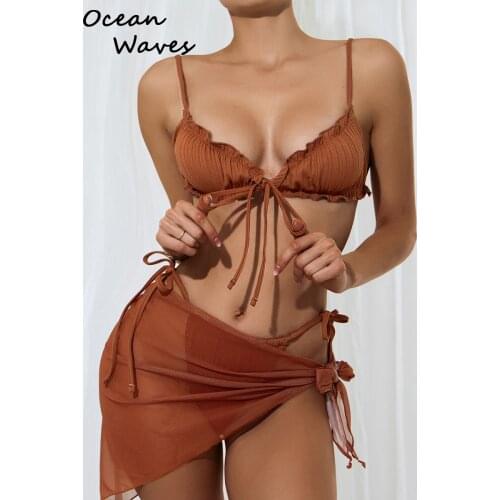 2021 New Solid Sexy Womens Swimsuit 3Pieces Bikini Set Push Up Beachwear Lace Up Bandage Ruffles Bathing Suit Brazilian Biquini