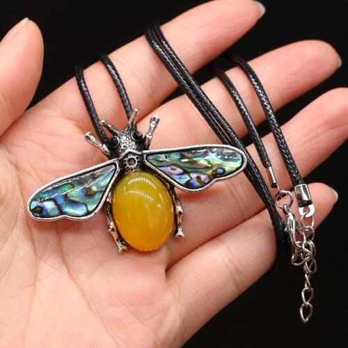 New Style Natural Shell Alloy Necklace Bee-Shaped Brooch Pendant Leather Cord 2MM Charms For Elegant Women Love Romantic Gift