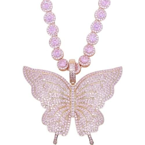 Sweet Big size Butterfly Pendant Necklace Mirco Pave Pink White CZ Charm Miami Curb Cuban Chain Hip Hop Rapper Gift For Women