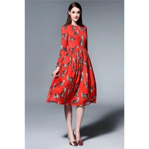 Customize 2017 New Womens Casual Spring Autumn Winter Ladies Long Sleeve Dresses Cats Print A-Line Dress Vestidos Plus Size