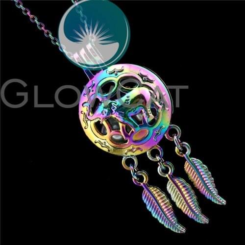 R-C705 Rainbow Color Elephant Dreamcatcher Beads Cage Pendant Perfume Diffuser Aromatherapy Pearl Cage Locket Necklace