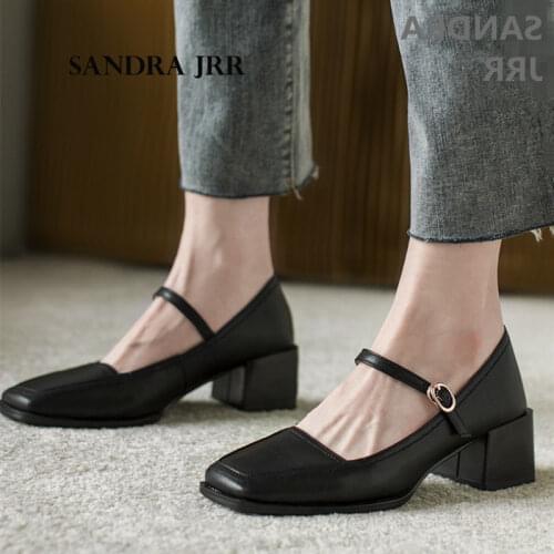 SANDRA JRR Retro Square Toe Mary Janes Pumps Shoes Women Med Heel Buckle Sandals Summer Spring Leather Heels Shoes 5 CM
