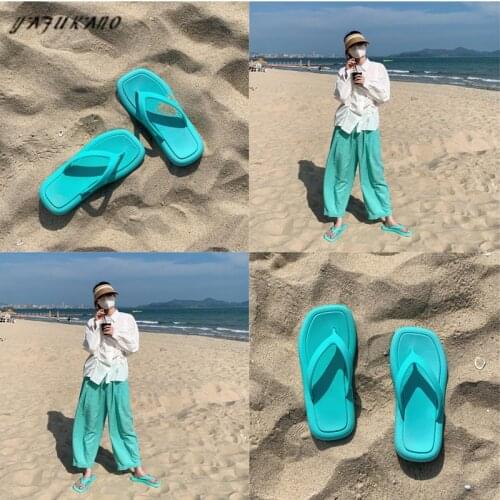 Simple Square Toe Flat Slides Korean Fashion Soft Bottom Comfort Flip Flops Summer Small Fresh Casual Beach Sandals Size 44 45