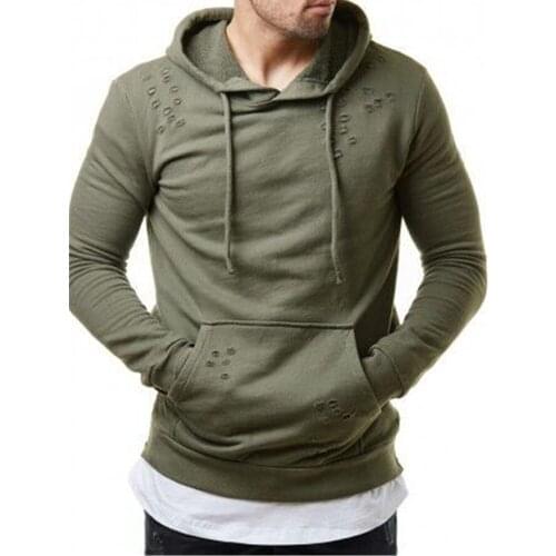 Mens side zipper sweatshirt with casual hole decoration Hooded Sweatshirt Men Casual Solid Hoodies Sweatshirts Male Streetswear