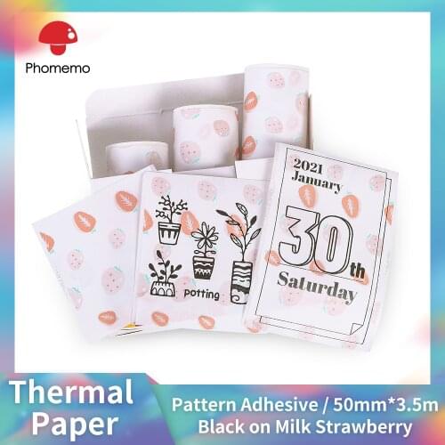 3 Rolls Pattern Sticker 20-Year Long-Lasting Strawberry Milk Thermal Paper For Phomemo T02 Pocket Printer 50mm*3.5m for 20 Years