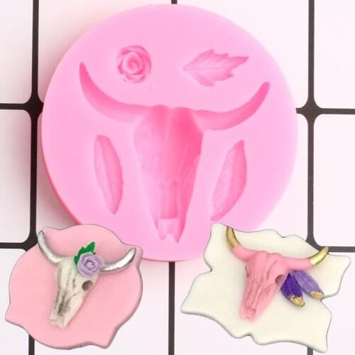 Bull Head Feather Silicone Mold Rose Flower Leaves Cupcake Topper Fondant Cake Decorating Tools Candy Chocolate Gumpaste Mould