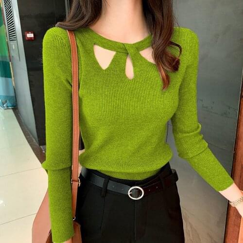 Spring Autumn Womens Sweaters Sexy Hollow Out Design Soft Fabric Slim Oversized Stretch Base Top Pullovers Full Color Female