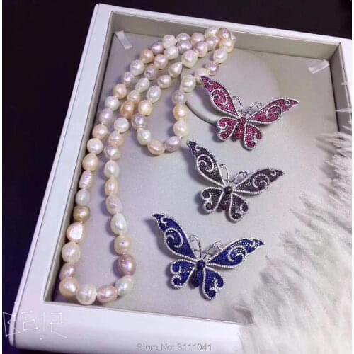 Freshwater pearl white pink purple baroque +butterfly 9-13mm necklace 30inch FPPJ wholesale beads nature