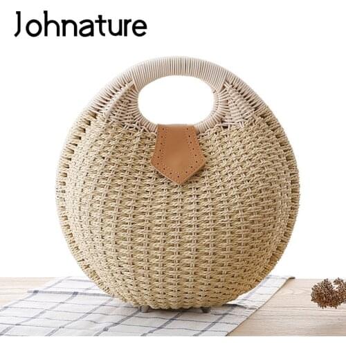 Johnature Summer 2021 New Women Fashion Woven Straw Bag Circular Handmade Handbag Solid Color Hasp Leisure Female Lovely Bags