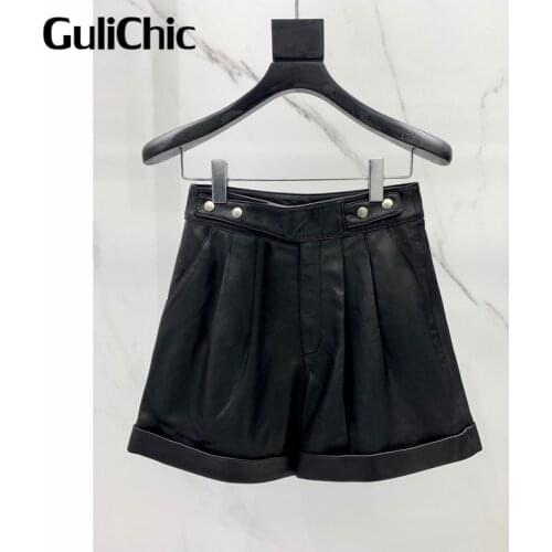 8.21 GuliChic High Quality Women Fashion High Waist Genuine Leather Black Shorts