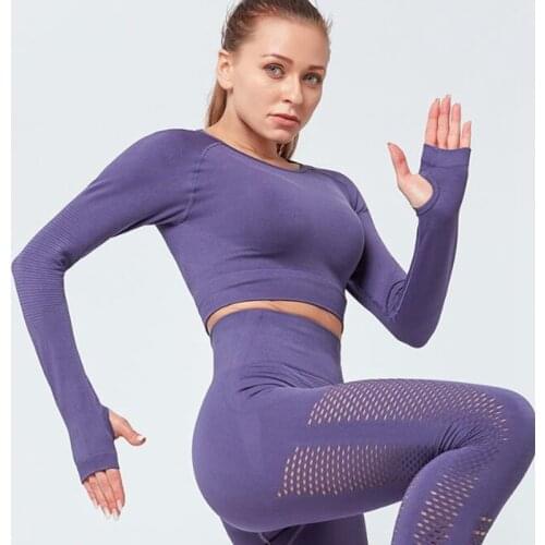 Spring Women Mesh Seamless yoga set Fitness Sport Suits GYM Yoga Long Sleeve Shirts High Waist Running Leggings Workout clothing
