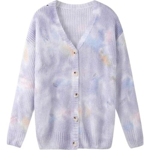 2021 Winter Long Sleeve Tie dye Loose Plus Size Female Cardigan Autumn Korean style Ripped Hole Button Up Women Knitted Sweaters