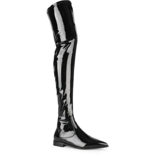 Winter Fashion Thigh High Boots Pointed Toe Casual Flats Side Zip Long Boots Patent Leather Over-the-knee Motorcycle Boot Shoes