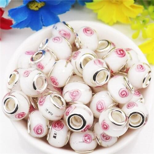 10Pcs 16mm Big Round Pink Flower Large Hole Murano Spacer European Glass Beads Charms Fit Pandora Bracelet DIY Jewelry Craft