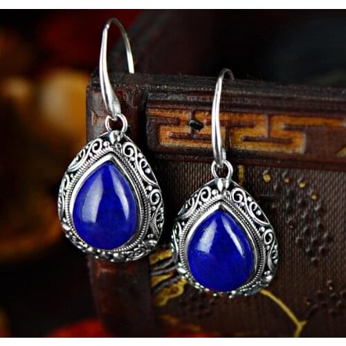 2018 Limited Jewelry, Afghanistan, Natural Lazuli, Thai Silver, Antique Hand Carved Water Drop Earrings Factory Direct Sale