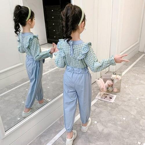 2021 Spring Summer Kids Costume Teen Girls Clothing Set Plaid Blouse Pants Suit School Girls Tracksuit Kids Clothes Set W126