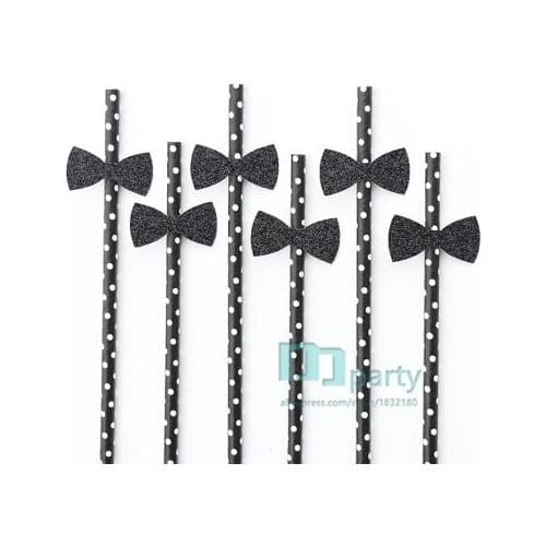 25 piece Black Glitter Bow Tie Paper Straws - Gender Reveal Party, Baby Shower, Mustache Party, First Birthday, Black Bow Tie