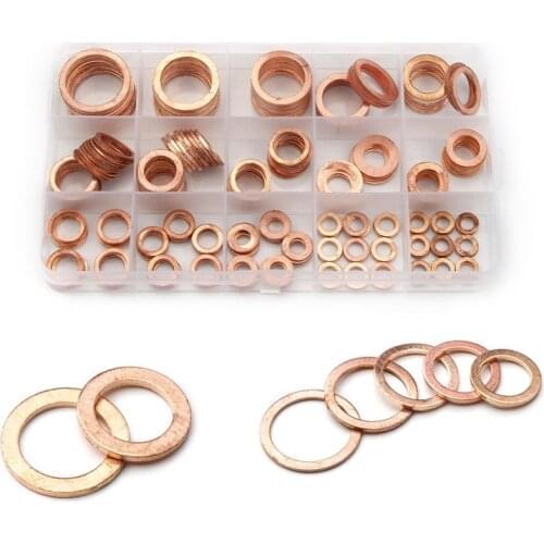 250pcs 10Sizes Solid Copper Crush Washer Gasket M5-M22 Flat Ring Sump Plug Oil Brake Seal Kit for Hardware Accessories with Box