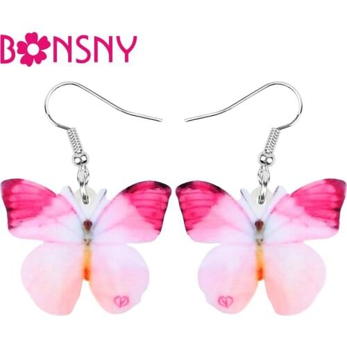 Bonsny Acrylic Pink Morpho Butterfly Insect Earrings Printing Animal Dangle Drop Jewelry For Women Girl Spring Summer Charm Gift