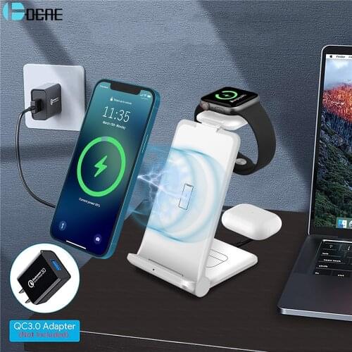 15W Qi Wireless Charger 3 in 1 Fast Charging Station for Apple Watch 6/5/4/3/2 iPhone 12/11 Pro Max/XS/XR/X/8 Plus AirPods 2/Pro