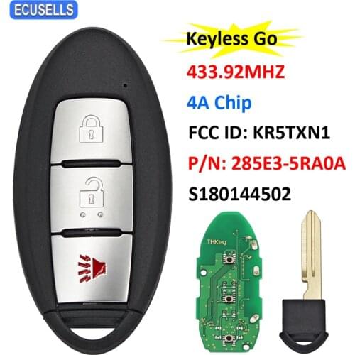 Keyless-Go 2+1/3 Buttons Smart Remote Car Key Fob 433.92Mhz 4A Chip for Nissan Kicks 2018 2019 2020 FCC ID: KR5TXN1 S180144502