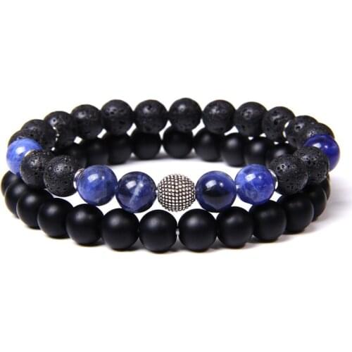 Natural Stone Ball Charm Bracelets For Women Men 2Pcs/Set Black Onyx Bangle Set Handmade Sodalite Turquoises Beads Bracelet Gift