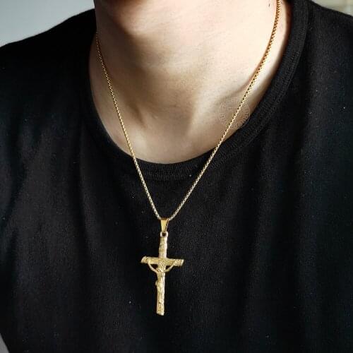 Mens Womens Box Chain Christian Vintage Cross INRI Crucifix Jesus Piece Pendant Necklace Stainless Steel Chain Gifts DKPM148
