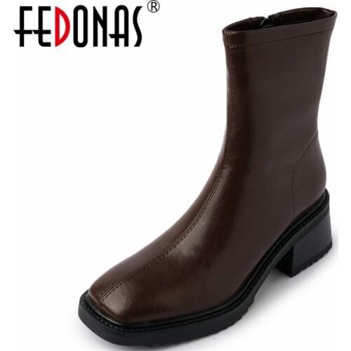 FEDONAS 2021 Autumn Winter Women Ankle Boots Concise Full Genuine Leather Office Lady Casual Side Zipper Thick Heels Shoes Woman