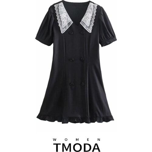 KPYTOMOA Women 2021 Sweet Fashion With Lace Ruffled Mini Dress Vintage Puff Sleeves Button-up Female Dresses Vestidos Mujer