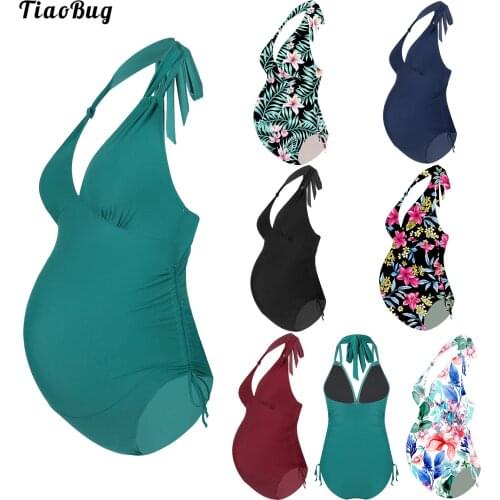 TiaoBug Summer Floral Print Maternity Bikini Swimsuits One Piece V-Neck Pregnancy Swimwear Halter Swimming Pool Bathing Jumpsuit