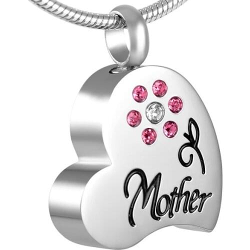 Mother In My Heart Cremation Pendant Necklace with Pink Crystal Flower Stainless Steel Funeral Keepsake Jewelry Ashes Necklace