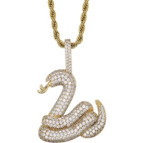 Hip Hop Micro Paved 5A+ Cubic Zirconia Bing Iced Out Rattlesnake Snake Pendants Necklace for Men Rapper Jewelry Gift