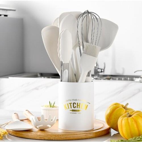 New White Kitchen Cookware Silicone 7-12 Pcs Wooden Handle Kitchenware Non Stick Cooking Pot Set Spatula With Storage Box Tools