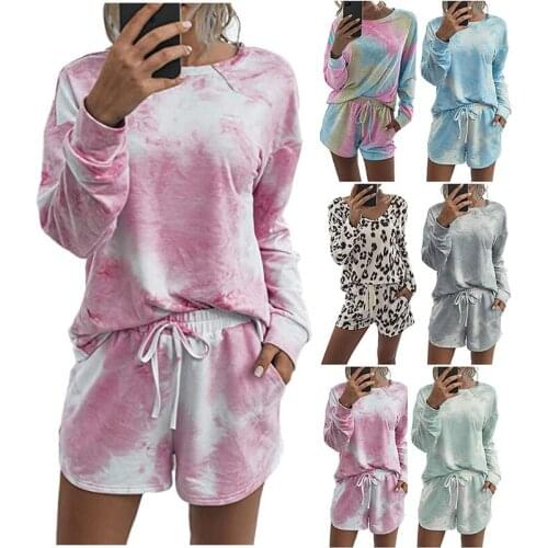2020 New Fashion 2 Pieces Sets Suits Casual Women Sports Summer Gym Tie-dyed Streetwear Ladies Home Suits Sets Female
